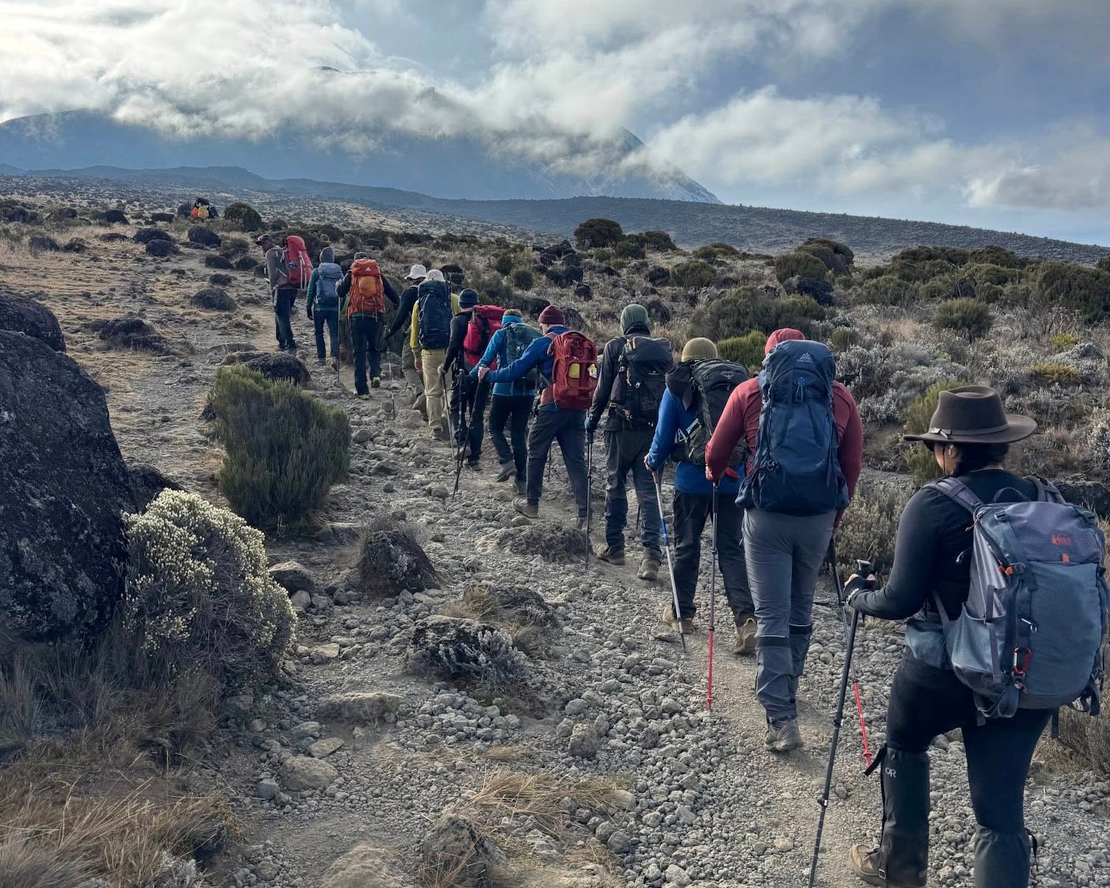 Hikers trekking through a mountain landscape