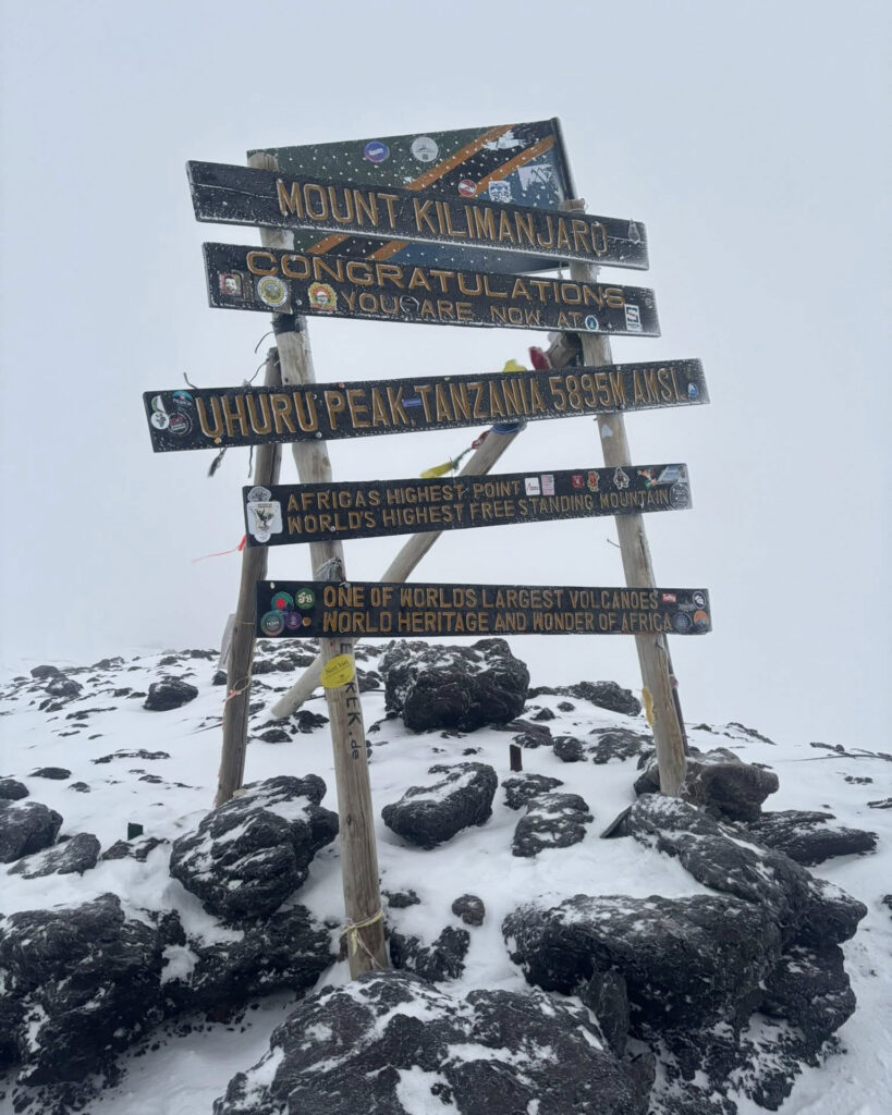 Uhuru Peak summit sign on Mount Kilimanjaro at 5,895 meters.