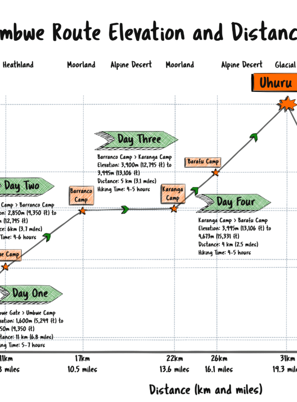 Mount Kilimanjaro Umbwe Route Elevations and Distances Chart