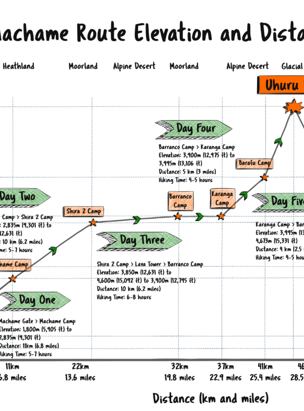 Mount Kilimanjaro Machame Route Elevations and Distances Chart