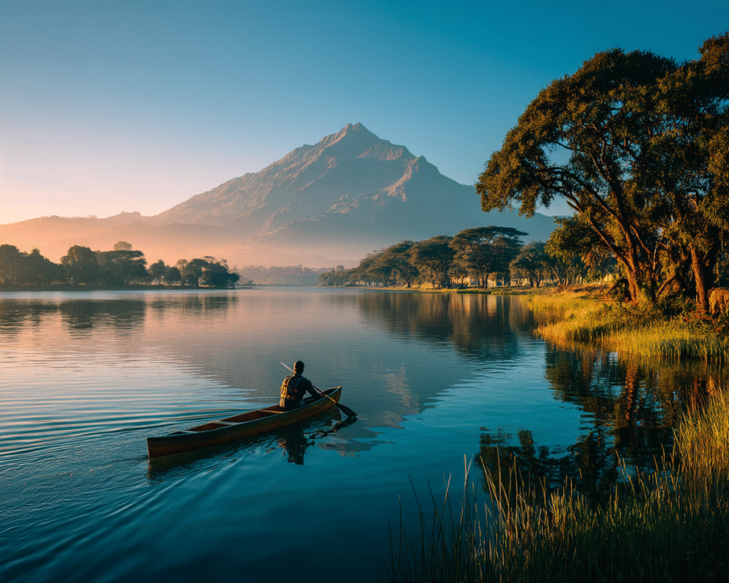 Canoeing on Momella Lakes with Mount Meru backdrop
