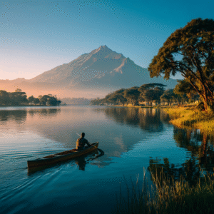 Canoeing on Momella Lakes with Mount Meru backdrop