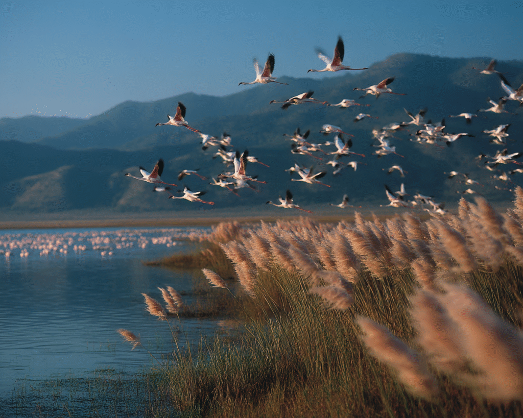 Lake Manyara with flamingos and Rift Valley escarpment