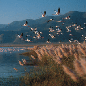 Lake Manyara with flamingos and Rift Valley escarpment
