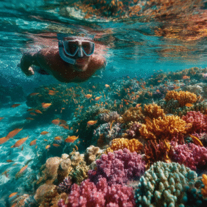 Snorkeler over coral reef at Mnemba Atoll