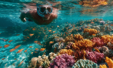 Snorkeler over coral reef at Mnemba Atoll