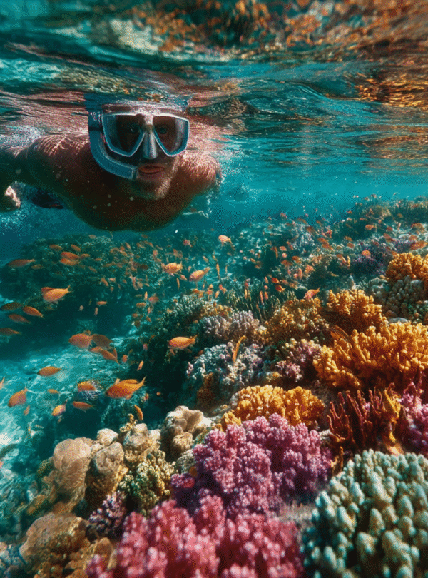 Snorkeler over coral reef at Mnemba Atoll