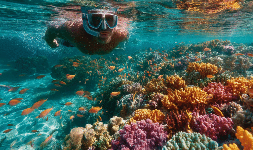 Snorkeler over coral reef at Mnemba Atoll