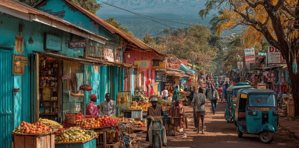 Moshi town street with Mount Kilimanjaro visible on clear morning
