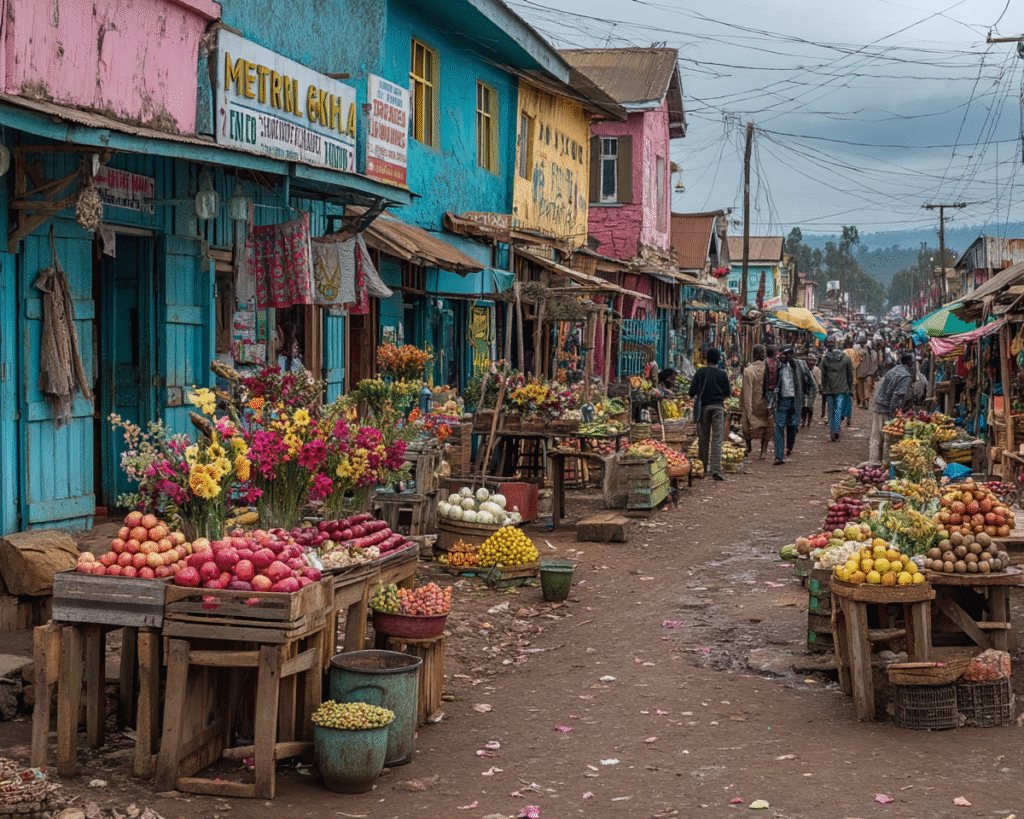 Mto wa Mbu market stalls with colorful produce