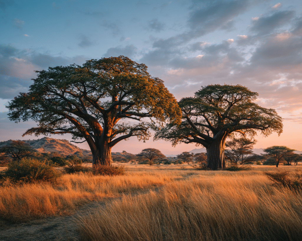 Southern Tanzania baobab landscape at sunset