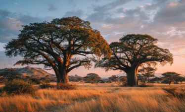 Southern Tanzania baobab landscape at sunset