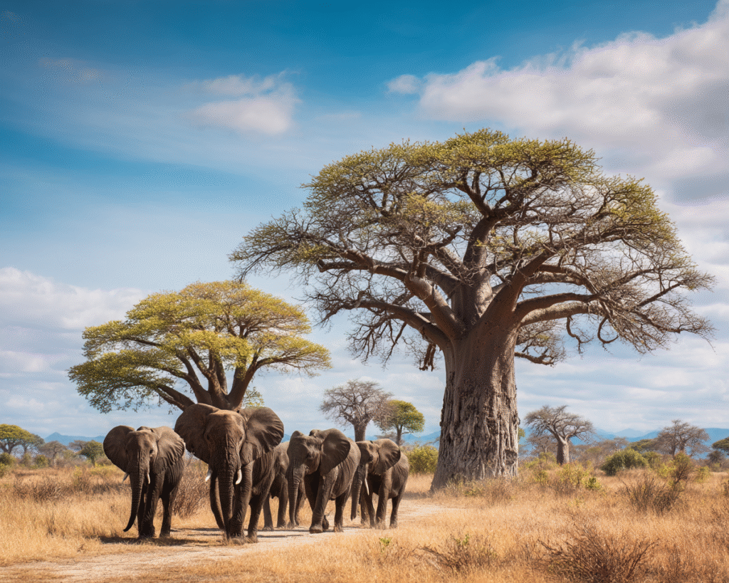 Tarangire elephants walking past baobab trees