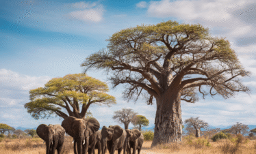 Tarangire elephants walking past baobab trees