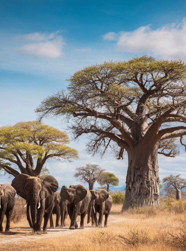 Tarangire elephants walking past baobab trees