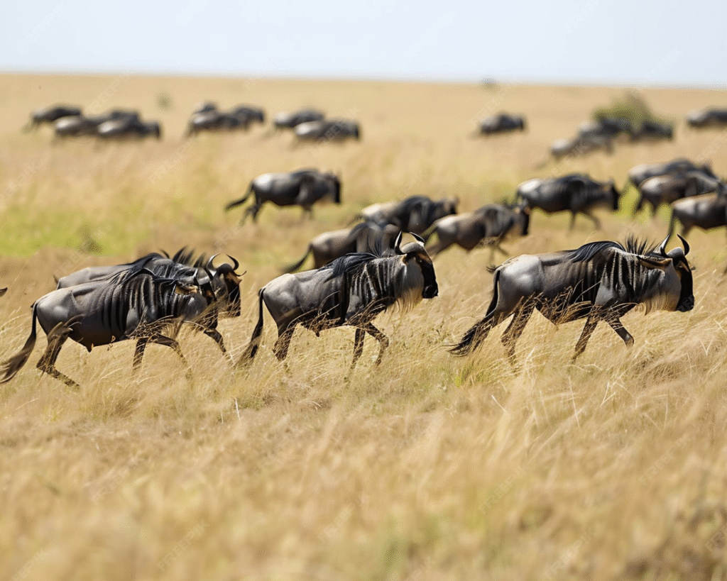 Wildebeest crossing Serengeti plains during the Great Migration