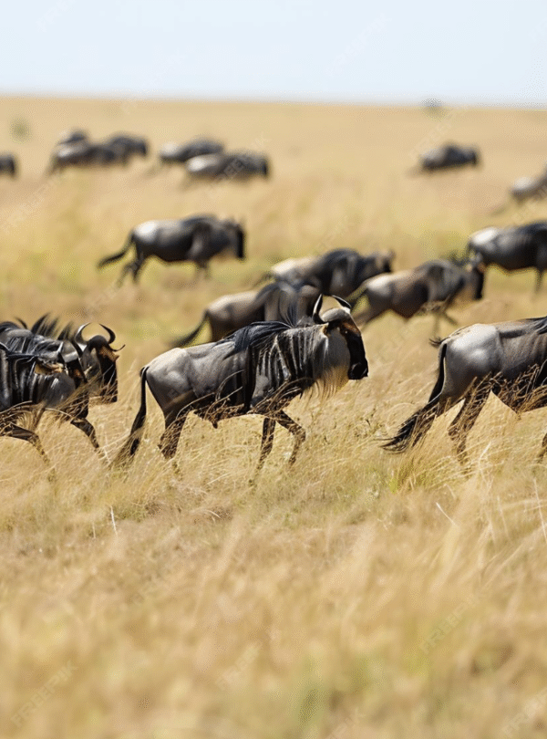 Wildebeest crossing Serengeti plains during the Great Migration