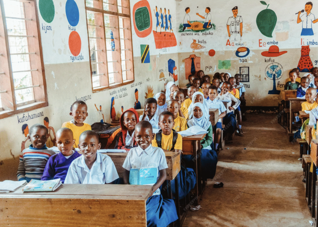 School children studying in a rural Tanzanian classroom, reflecting how safari tourism supports local communities in Tanzania through education and social empowerment.
