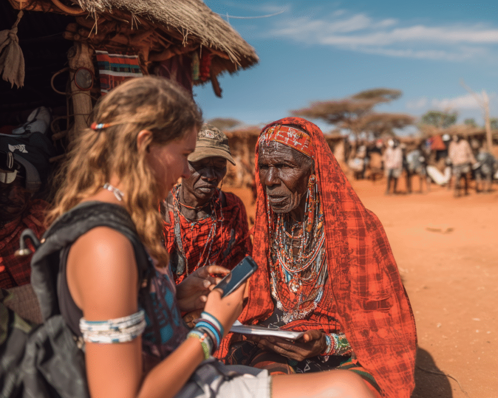 Female traveler sitting with Maasai community member in a village during cultural safari in Tanzania