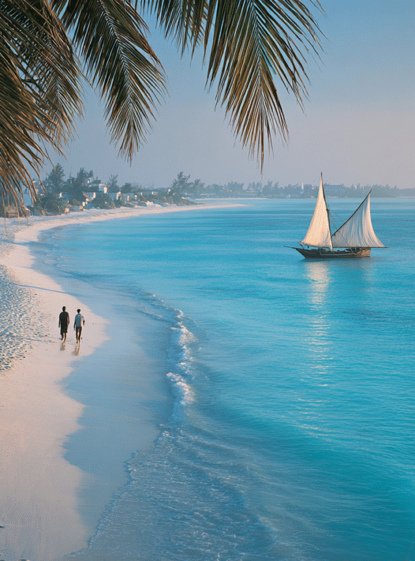 Couple walking on white sand beach with turquoise water in Zanzibar