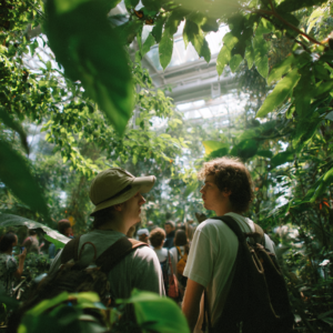 Visitors quietly observing butterflies in a Zanzibar conservation area