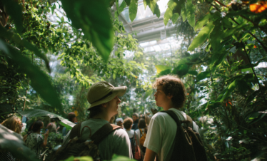 Visitors quietly observing butterflies in a Zanzibar conservation area