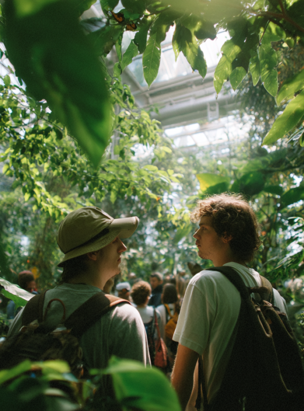 Visitors quietly observing butterflies in a Zanzibar conservation area