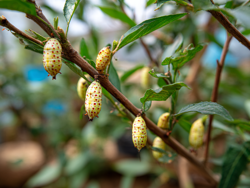 Caterpillar and chrysalis on plants at a Zanzibar butterfly centre