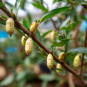 Caterpillar and chrysalis on plants at a Zanzibar butterfly centre