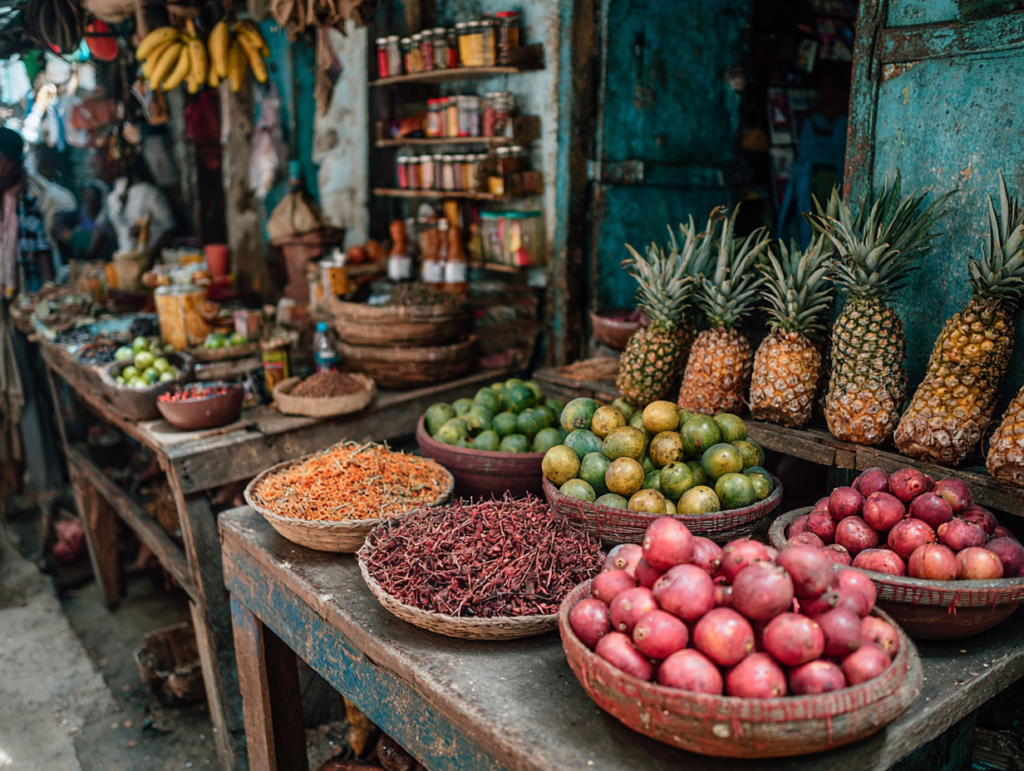 Darajani Market fruit and spice stalls in Stone Town, Zanzibar