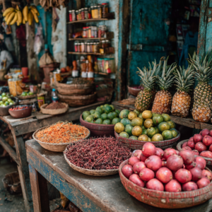 Darajani Market fruit and spice stalls in Stone Town, Zanzibar
