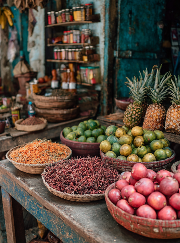 Darajani Market fruit and spice stalls in Stone Town, Zanzibar