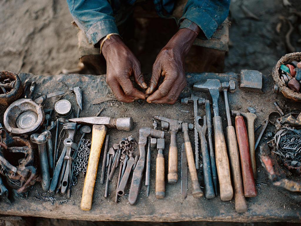 Datoga craft hands working with metal tools near Lake Eyasi