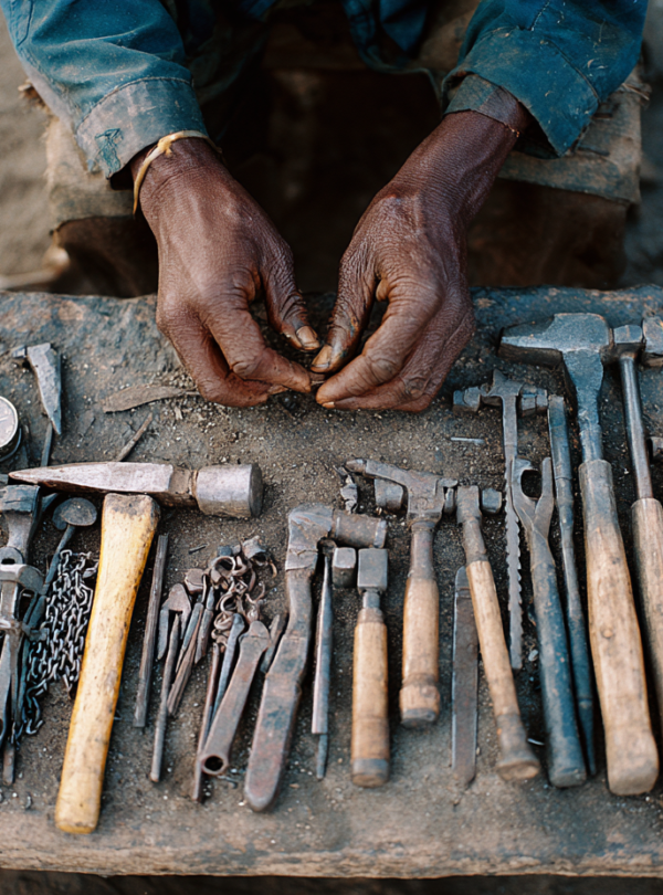 Datoga craft hands working with metal tools near Lake Eyasi