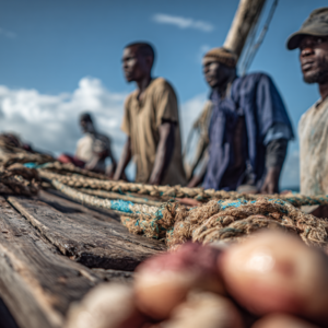 Local crew preparing fishing equipment during a deep sea fishing trip in Zanzibar