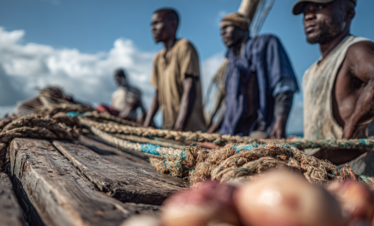 Local crew preparing fishing equipment during a deep sea fishing trip in Zanzibar