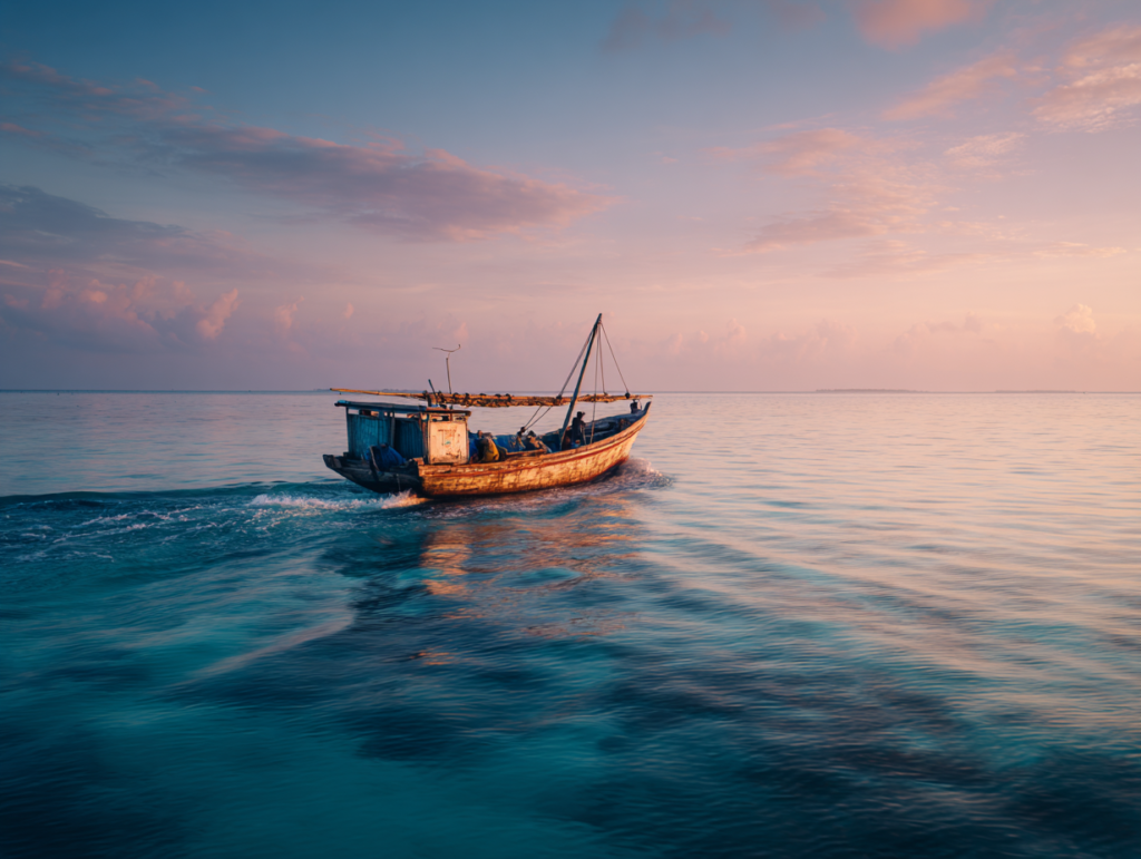 Fishing boat heading offshore during a deep sea fishing experience in Zanzibar