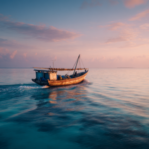 Fishing boat heading offshore during a deep sea fishing experience in Zanzibar