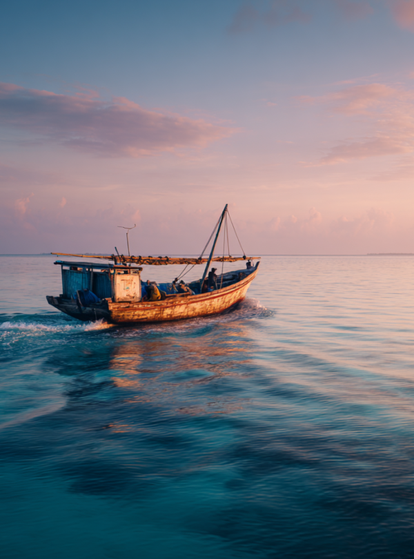 Fishing boat heading offshore during a deep sea fishing experience in Zanzibar