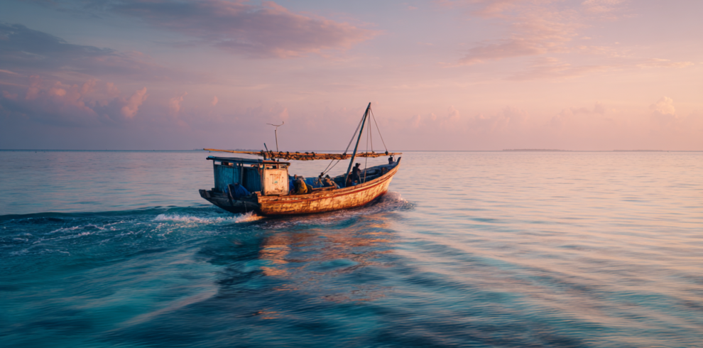Fishing boat heading offshore during a deep sea fishing experience in Zanzibar