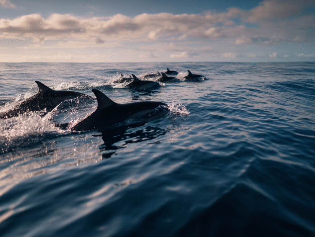 Dolphins swimming naturally in the ocean during an ethical dolphin experience in Zanzibar
