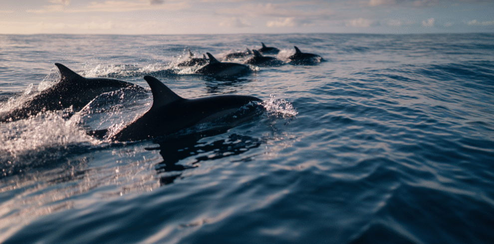 Dolphins swimming naturally in the ocean during an ethical dolphin experience in Zanzibar