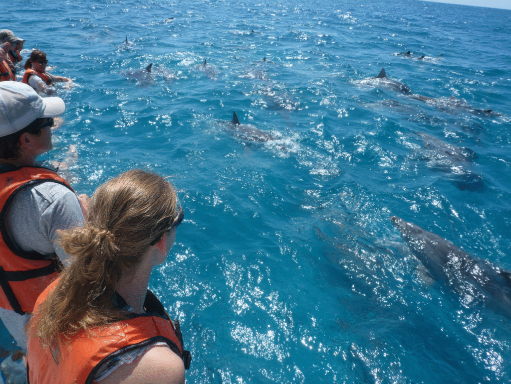 Guests floating calmly while observing dolphins respectfully in Zanzibar