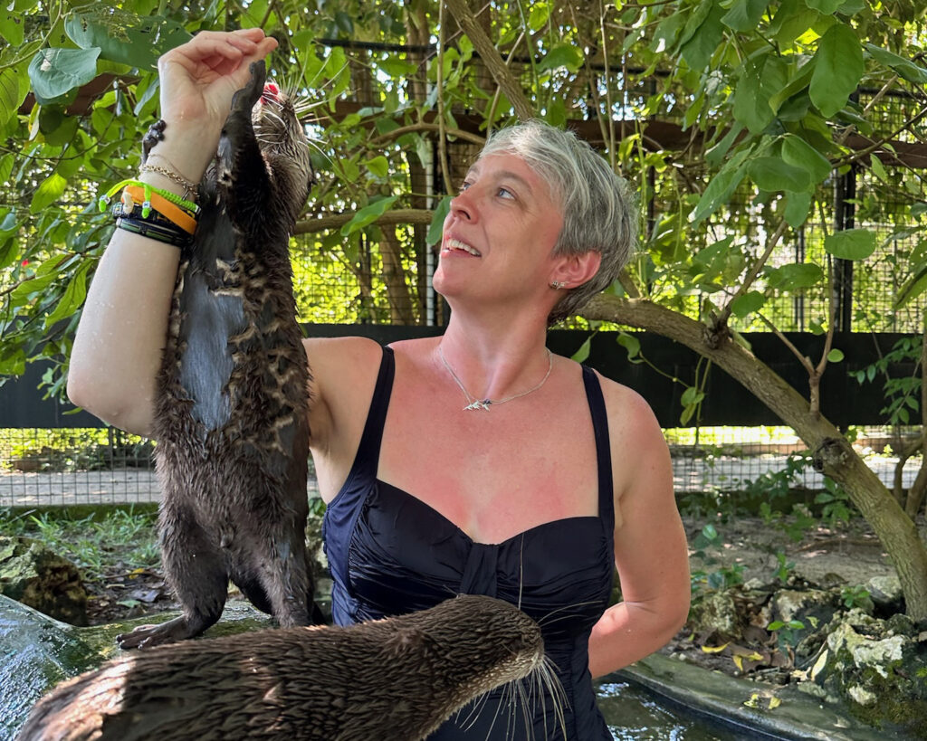 Guests interacting with otters under staff supervision at Cheetah’s Rock in Zanzibar
