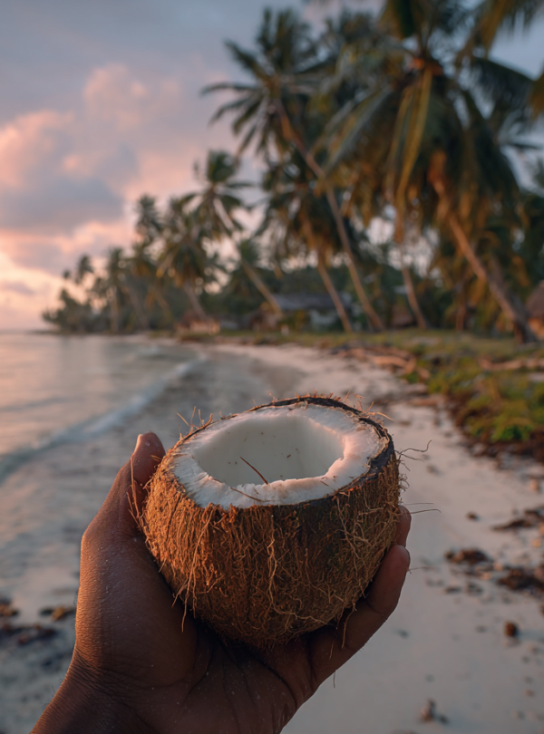 Fresh coconut enjoyed during a sunset beach walk in Zanzibar