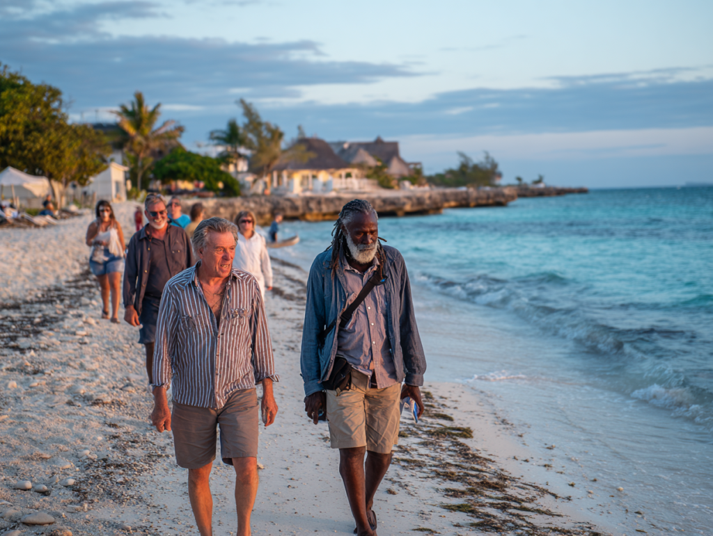 Local guide leading a sunset beach walk in Zanzibar