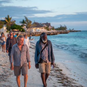 Local guide leading a sunset beach walk in Zanzibar