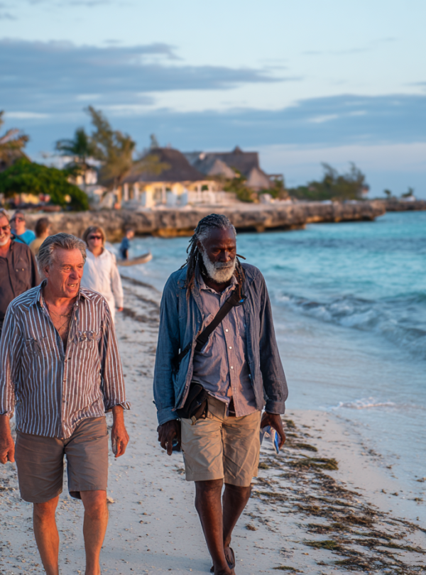 Local guide leading a sunset beach walk in Zanzibar