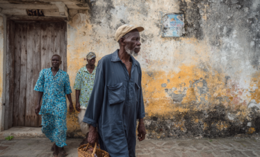 Local guide walking with visitors through a Zanzibar village