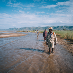 Guide and guests walking quietly in the Lake Eyasi area